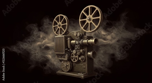 Vintage Movie Projector and Smoke - An antique movie projector sits amidst swirling smoke, evoking a nostalgic feeling of classic cinema