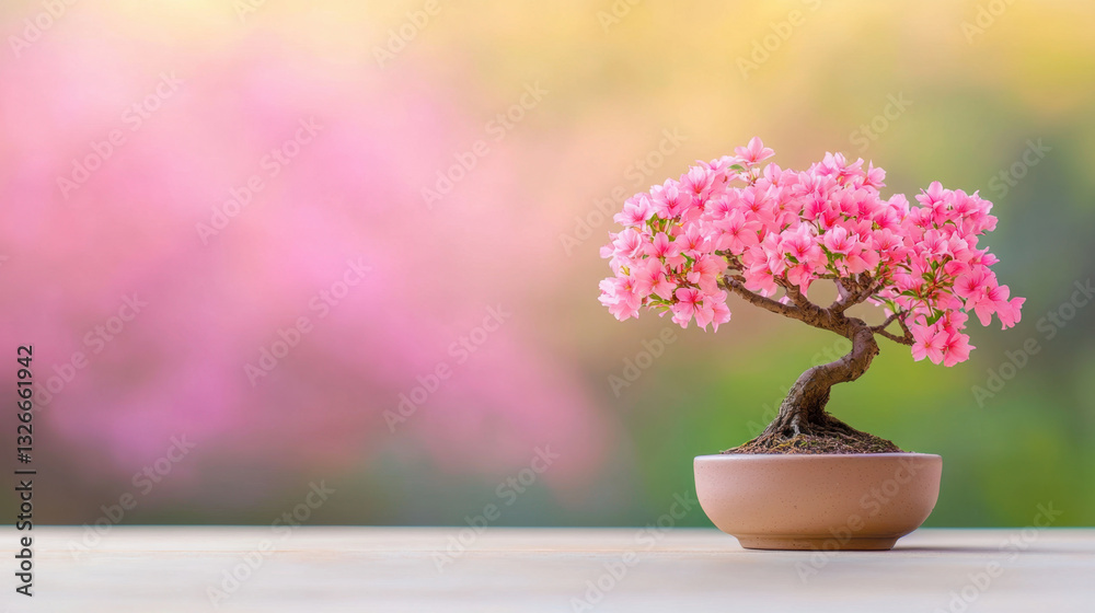 beautiful bonsai tree with pink flowers in pot, set against soft, blurred background of pink blossoms, creating serene and tranquil atmosphere beautiful bonsai tree with pink flowers in pot, set against soft, blurred background of pink blossoms, creating serene and tranquil atmosphere