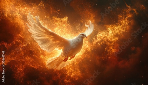 Majestic White Dove Surrounded by Fiery Smoke Trails on Dark Background, Symbol of Holy Spirit and Blessing