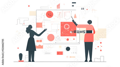 A human and a robot hand collaboratively building a user-friendly interface, with soft, rounded shapes and intuitive design elements 