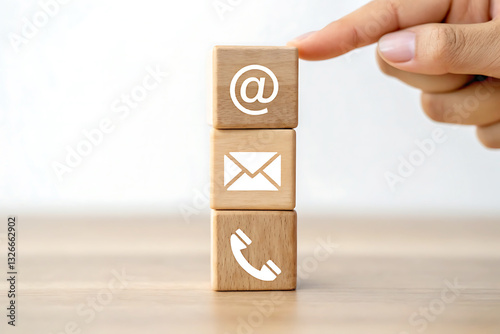 Hand Holding Wooden Blocks with Email, Phone, and Mail Symbols, Concept of Customer Support and Communication, Isolated on White Background photo