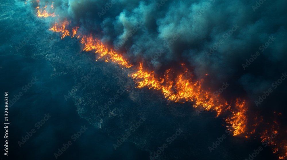 A large wildfire engulfs the terrain, flames raging along the ground while thick smoke rises ominously. The event showcases the intensity of natural disasters and their impact on the environment. A large wildfire engulfs the terrain, flames raging along the ground while thick smoke rises ominously. The event showcases the intensity of natural disasters and their impact on the environment.