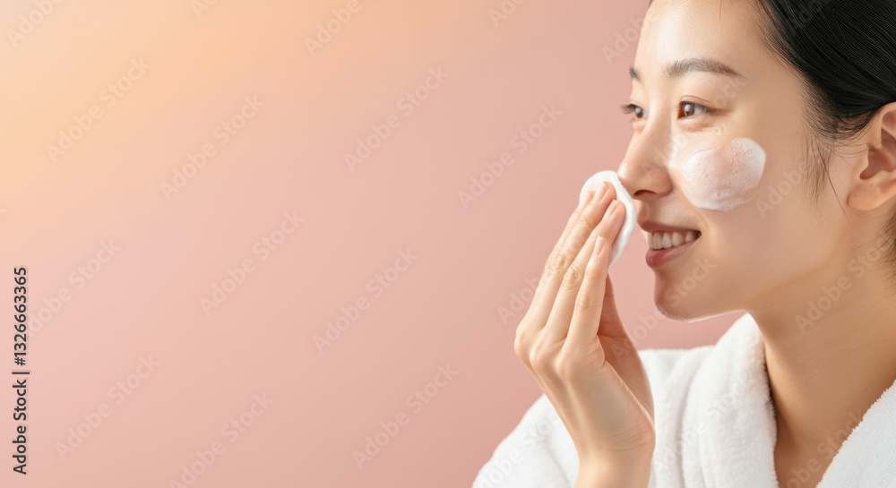 Asian female adult skincare routine with cleanser on cheeks Asian female adult skincare routine with cleanser on cheeks