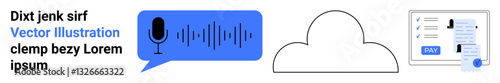 Microphone with audio waveform, cloud, and digital document for voice recognition, cloud storage, and digital processing. Ideal for AI, communication, technology, data sharing cloud computing