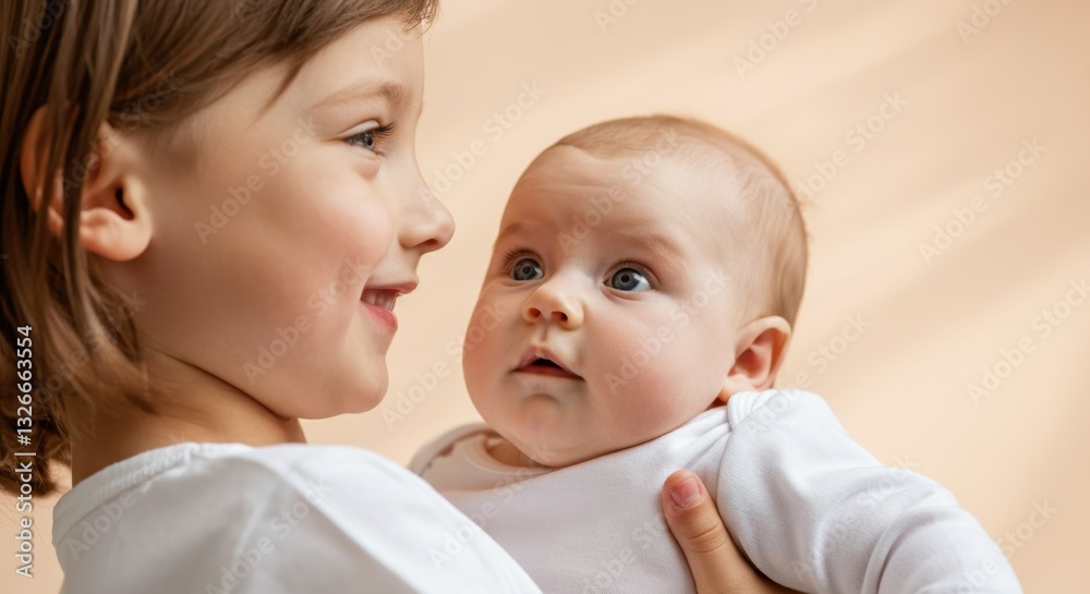 Caucasian child holding baby with tender gaze and warm smiles Caucasian child holding baby with tender gaze and warm smiles