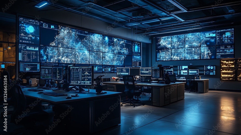 Monitoring Room Interior with Screens Displaying Data and Charts Information Monitoring Room Interior with Screens Displaying Data and Charts Information