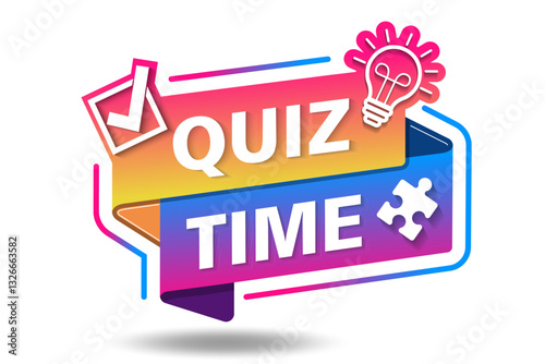 Quiz alert text and information sign. Quiz emblem for business, marketing and advertising. Bright label with light bulb, puzzle and correct check mark icon.