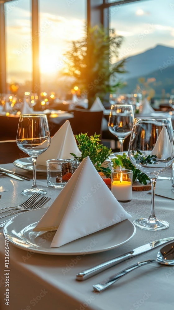 Fototapeta premium Elegant dining experience with premium linen napkins on a polished table restaurant setting at sunset closeup view