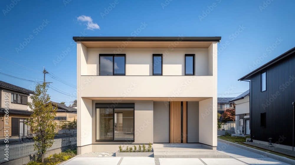 Modern simplicity in Japanese residential architecture with a two-story beige and gray house surrounded by a clear blue sky Modern simplicity in Japanese residential architecture with a two-story beige and gray house surrounded by a clear blue sky