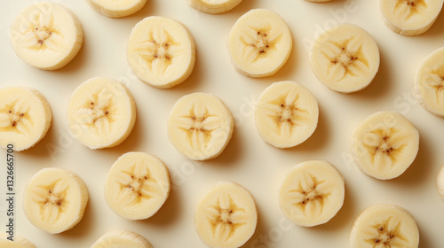 Close up of many sliced bananas arranged neatly on light background, showcasing their creamy texture and unique patterns. Perfect for food photography and healthy eating themes photo