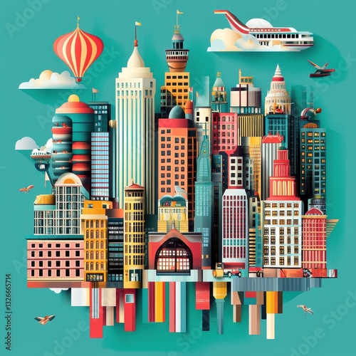 An abstract illustration of a colorful city skyline with vehicles and airships