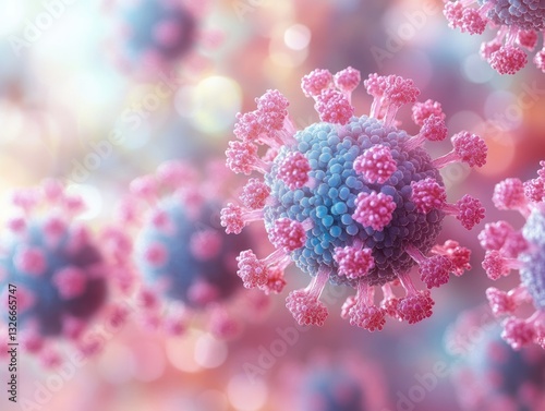 Measles Virus Infection Illustration with Colorful Microscopic Viral Particles and Soft Bokeh Effect