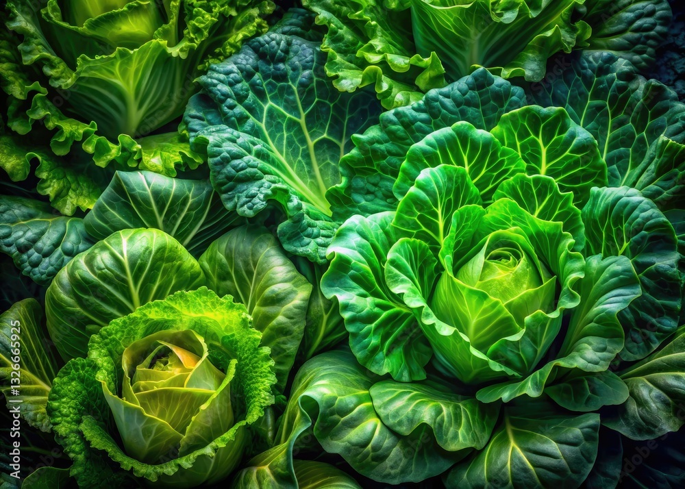 Obraz premium Four unreal lettuce varieties; their green textures, captured in abstract, photographic surrealism.