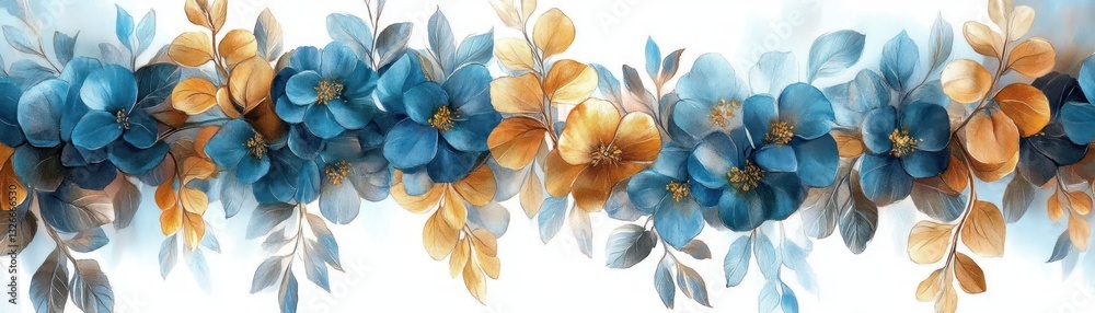 Fototapeta premium Cascading Floral Arrangement in Watercolor with Blue and Golden Flowers and Lush Green Leaves