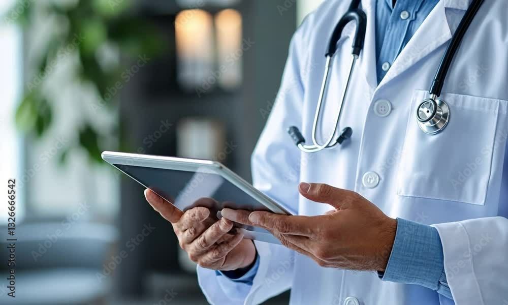 A doctor in a white coat holding a tablet computer with a stethoscope. A doctor in a white coat holding a tablet computer with a stethoscope.