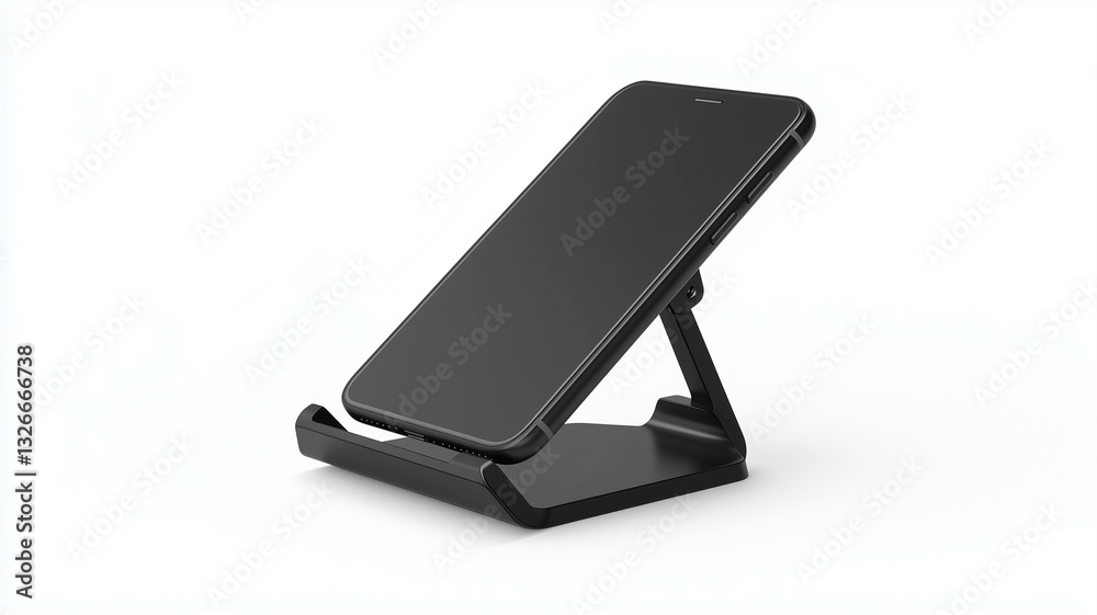 Ultra-realistic image of a black plastic phone stand with adjustable angles, isolated on a white background
