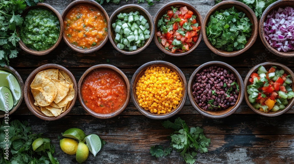 Colorful Mexican Taco Bar Toppings on Rustic Wood Colorful Mexican Taco Bar Toppings on Rustic Wood