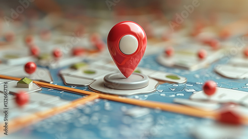 Red pin on 3d map of the city with buildings and river. Landmark and destination.
