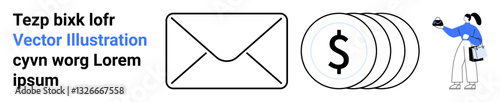 Envelope, currency coins with dollar sign, person shopping via smartphone. Ideal for finance, e-commerce, email marketing, communication concepts, digital payments, mobile apps flat landing page