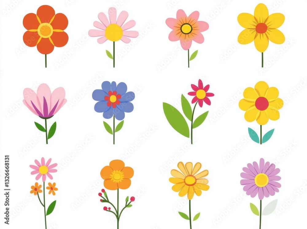 Obraz premium This delightful assortment features cute cartoon flowers in various colors and styles, set against a clean white background