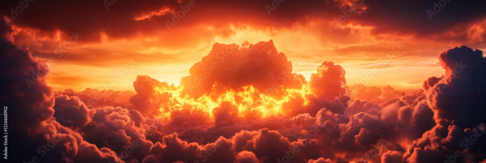 Fototapeta premium dramatic sunset with vibrant orange and red hues illuminating thick clouds, creating stunning visual spectacle in sky