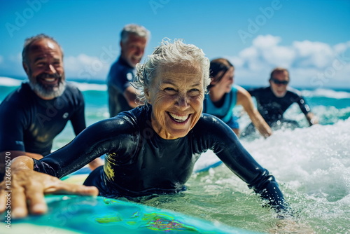 Smiling elderly man surfing on vacation. Active lifestyle, golden years, beach sports, ocean wave, mature fun, tropical adventure, surfing joy, senior wellness.

