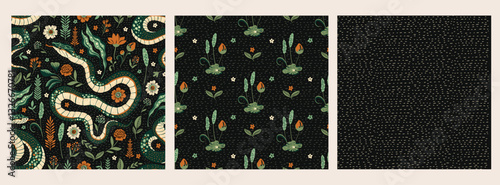Seamless Vintage Pattern Set Collection Forest Folk Art Snake Texture Ethnic Floral Motif Retro Woodland Backgrounds