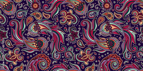 Hand-Drawn Seamless Paisley Pattern With Ornamental Koi Fish And Botanical Elements