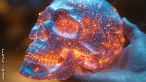 Hand Holding a Futuristic Glowing Skull Network Digital Art 3D Render Abstract Concept