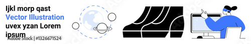 Planetary objects with orbit paths, abstract black shapes, and person using a computer. Ideal for technology, science, education, space exploration, innovation, creativity digital interfaces flat