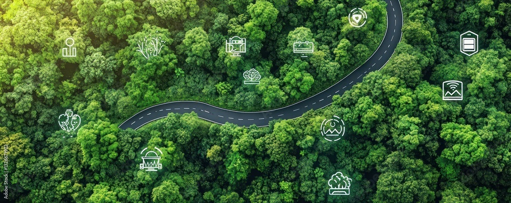 Fototapeta premium Aerial view of eco-friendly transport in lush green forest with sustainability icons