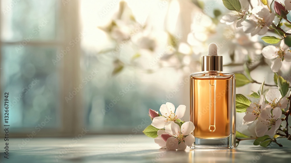 Captivating Close-Up of a Radiant Glass Bottle Floral Background Nature Inspired Elegant Viewpoint for Beauty and Wellness Captivating Close-Up of a Radiant Glass Bottle Floral Background Nature Inspired Elegant Viewpoint for Beauty and Wellness