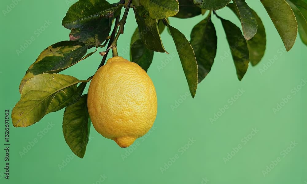 juicy lemon fruit remains attached to its branch as its fresh scent fills the air with leaves moving slightly in wind