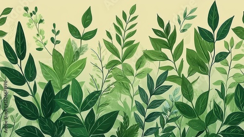 Wallpaper Mural Lush Green Botanical Leaves Pattern Illustration for Organic Background, Eco-Friendly Design with Fresh Herbs and Natural Elements Torontodigital.ca