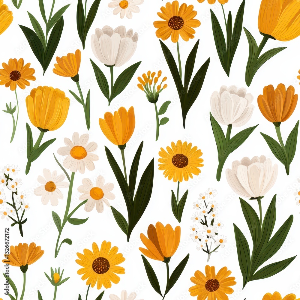 Obraz premium Yellow And White Pixelated Floral Seamless Pattern Design Idea For Fabric And Wallpaper Backgrounds