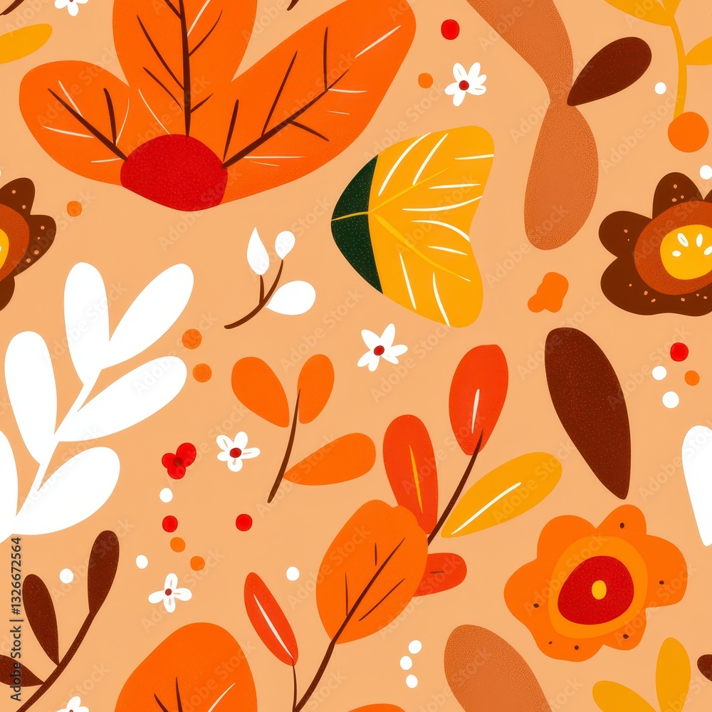 Fototapeta premium Autumn Floral Pattern Orange, Brown, and White Stylized Leaves and Flowers on Beige Backgrounds