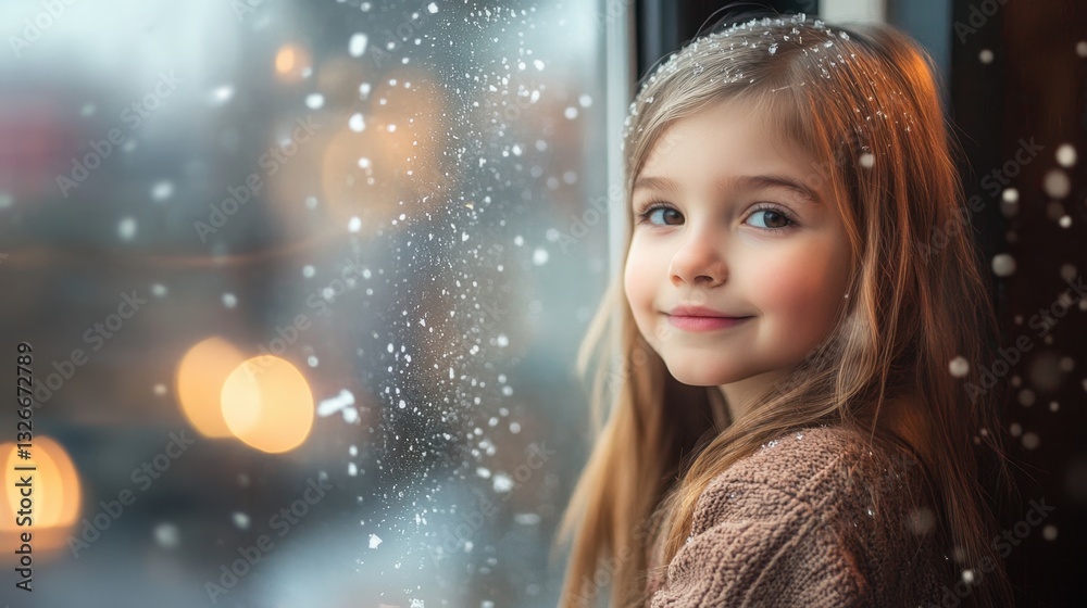 Little girl looking out a window at falling snow during winter season in a cozy home environment Little girl looking out a window at falling snow during winter season in a cozy home environment