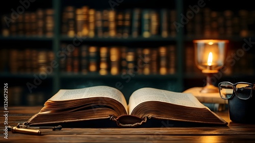 Scholars immersed in the enchanting antiquity of an open book library surrounded by ancient texts candlelight and a sense of timeless knowledge and wisdom