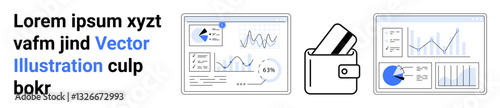 Three main scenes data analysis interfaces, wallet with credit card, and charts. Ideal for finance, investment, management, business growth, reporting analytics and technology. Landing page