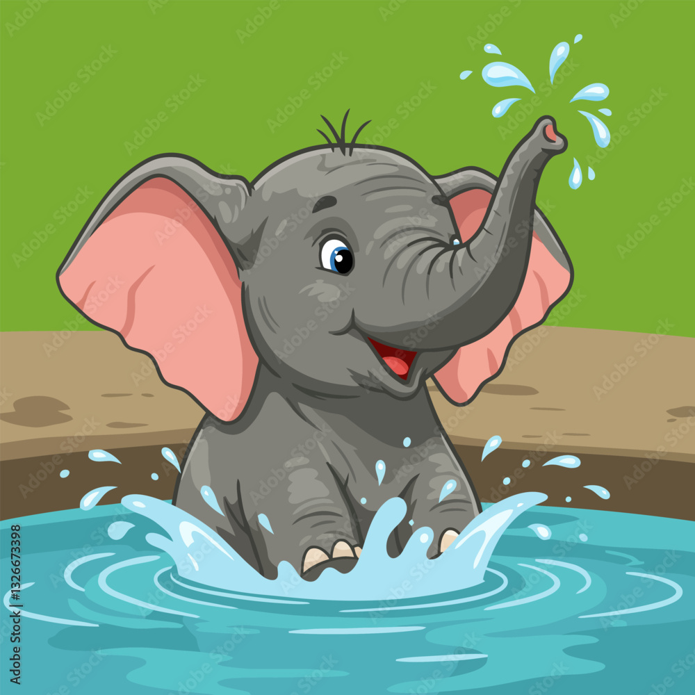 Elephant Splashing Water Joyfully Cartoon Illustration in Refreshing Blue Pond Elephant Splashing Water Joyfully Cartoon Illustration in Refreshing Blue Pond