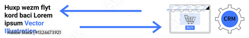 Blue arrows connecting e-commerce shopping cart icon to CRM gear, showing data exchange. Ideal for CRM, automation, e-commerce, workflow, productivity, integration, flat landing page banner