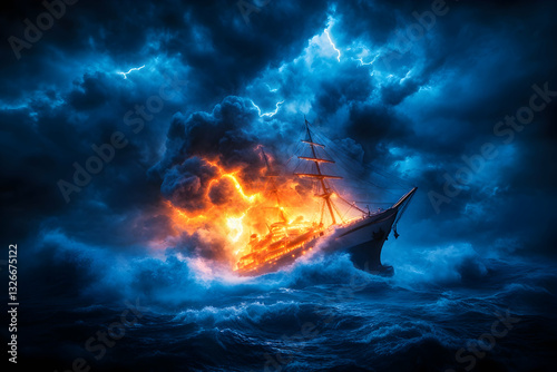 Ship engulfed in a raging storm