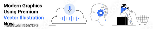 AI brain, cloud voice recognition, and woman shopping online symbolize technology trends. Ideal for AI tech, e-commerce, innovation, smart apps, future tech, voice assistant flat landing page banner