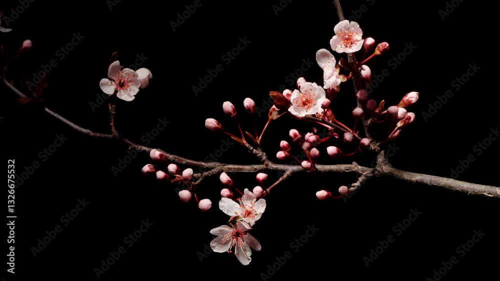 Time lapse footage of blooming pink Prunus cerasifera 'Atropurpurea' blossoms isolated on black background, many flowers blooming from bud to full blossom together, 4k video b roll shot.