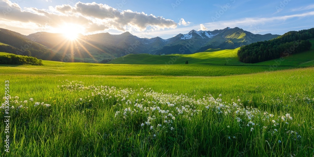 Fototapeta premium Serene Sunrise Over Lush Green Fields and Majestic Mountainscape