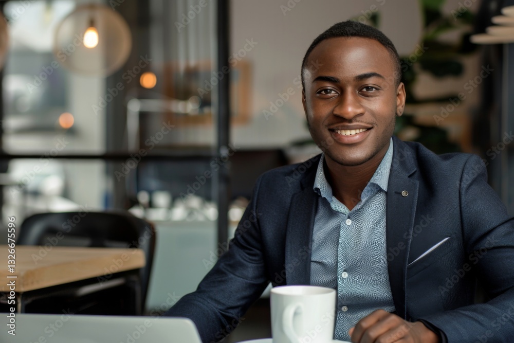 Fototapeta premium Happy smiling male sitting at desk in coworking office, drinking coffee from takeaway cup and doing work on his laptop, looking at camera