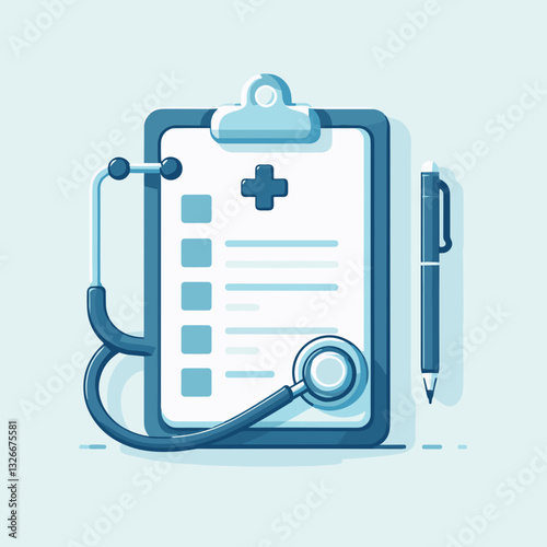 Medical clipboard with checklist and stethoscope in modern flat design