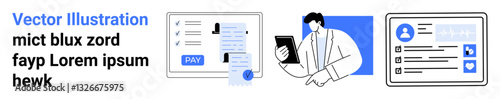 Tablet user reviewing data, online payment receipt, and profile details in minimal flat style. Ideal for business workflow, payments, user profiles, technology, productivity, UXUI concepts abstract