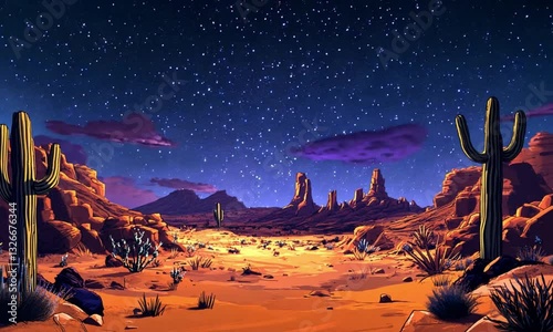 A cartoon-style desert scene under a night sky filled with stars and purple clouds.