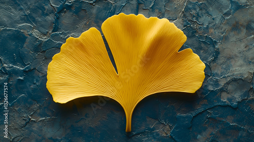 A vibrant golden ginkgo leaf displayed against a textured blue background, showcasing its unique shape and intricate details.